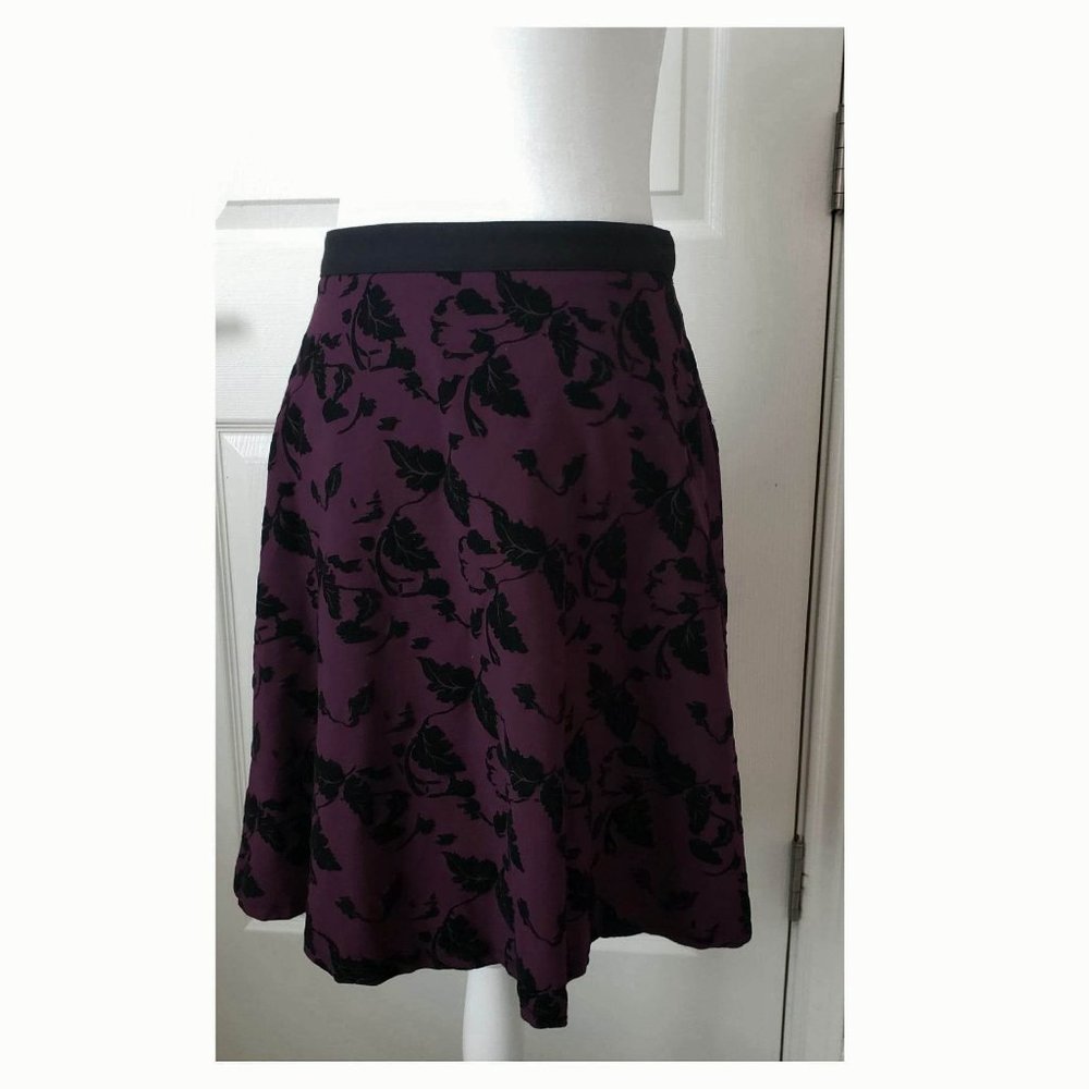 Burgundy A-Line Skirt with Black Velvet Leafy Pattern